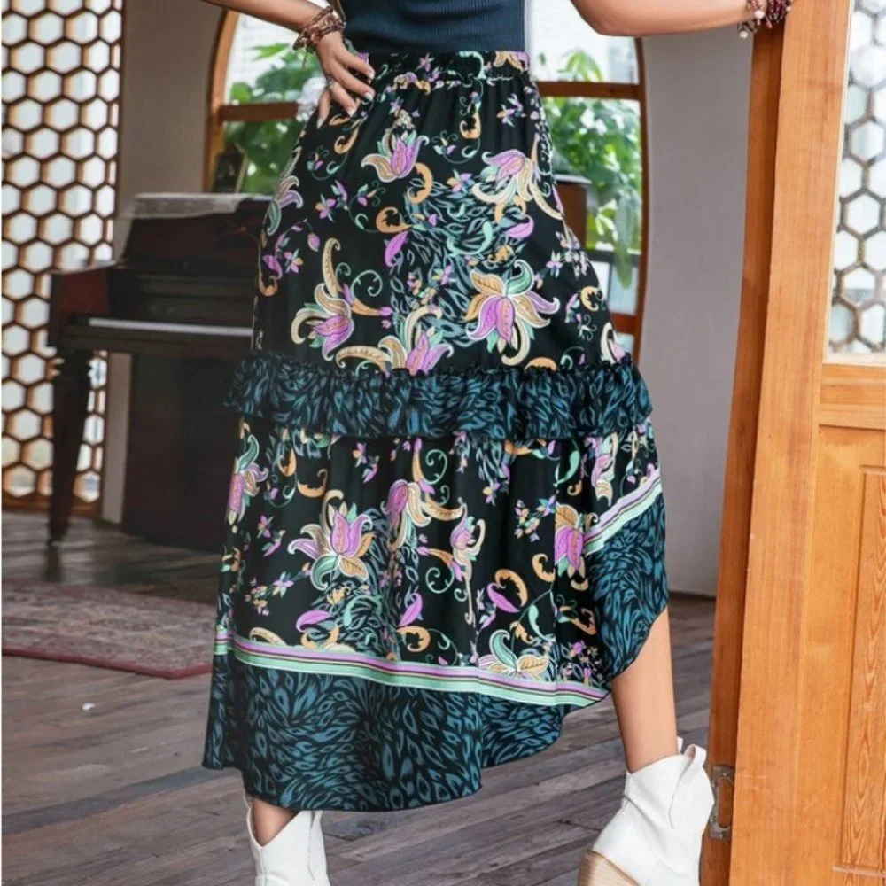 Boho Beauty Floral Asymmetrical hi low Ruffle Hem Skirt_5